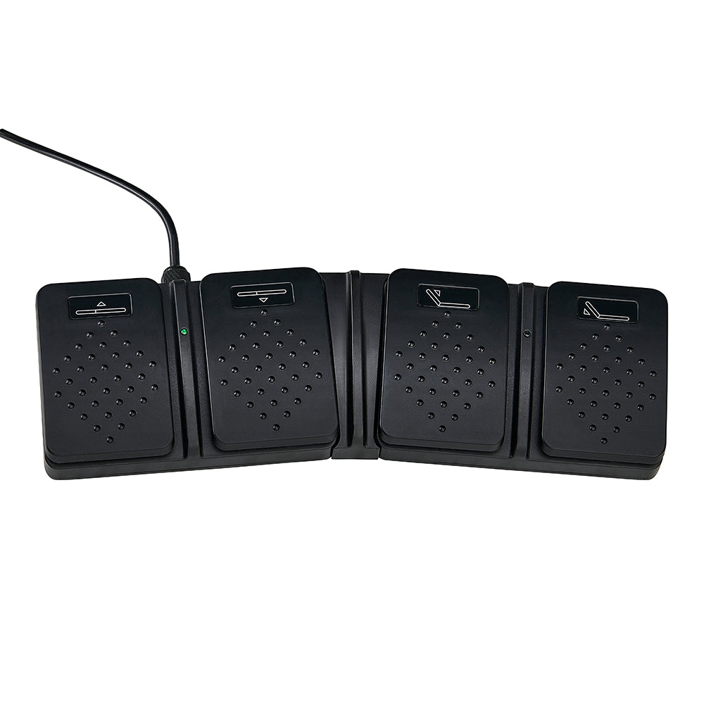 Four black USB foot pedals with textured icons for DIR WellRelax Treatment Table.