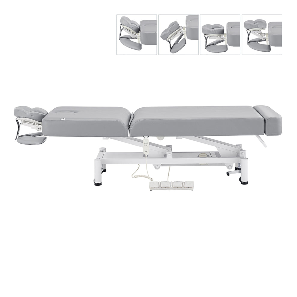 DIR WellRelax Treatment Table: adjustable gray table with headrest, arm supports, white base.