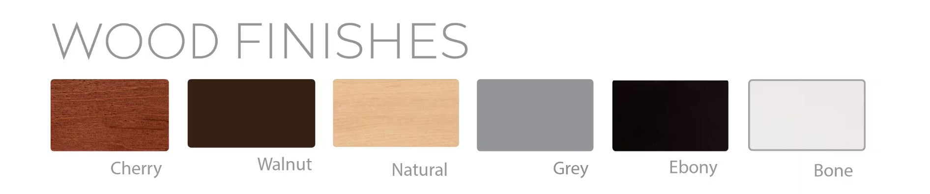 Six wood finishes for the Oakworks Prema E-nvi Spa Table: Cherry, Walnut, Natural, Grey, Ebony, Bone.