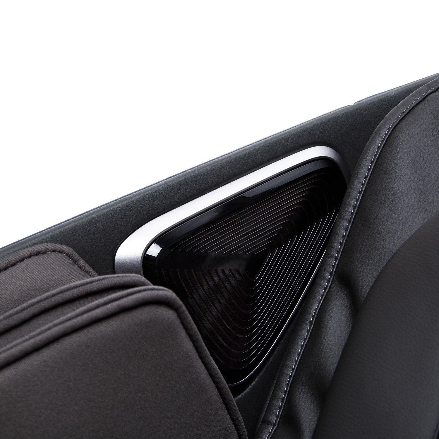 Close-up of a car door speaker, black trim, leather, and Osaki OS-Highpointe 4D Massage Chair.