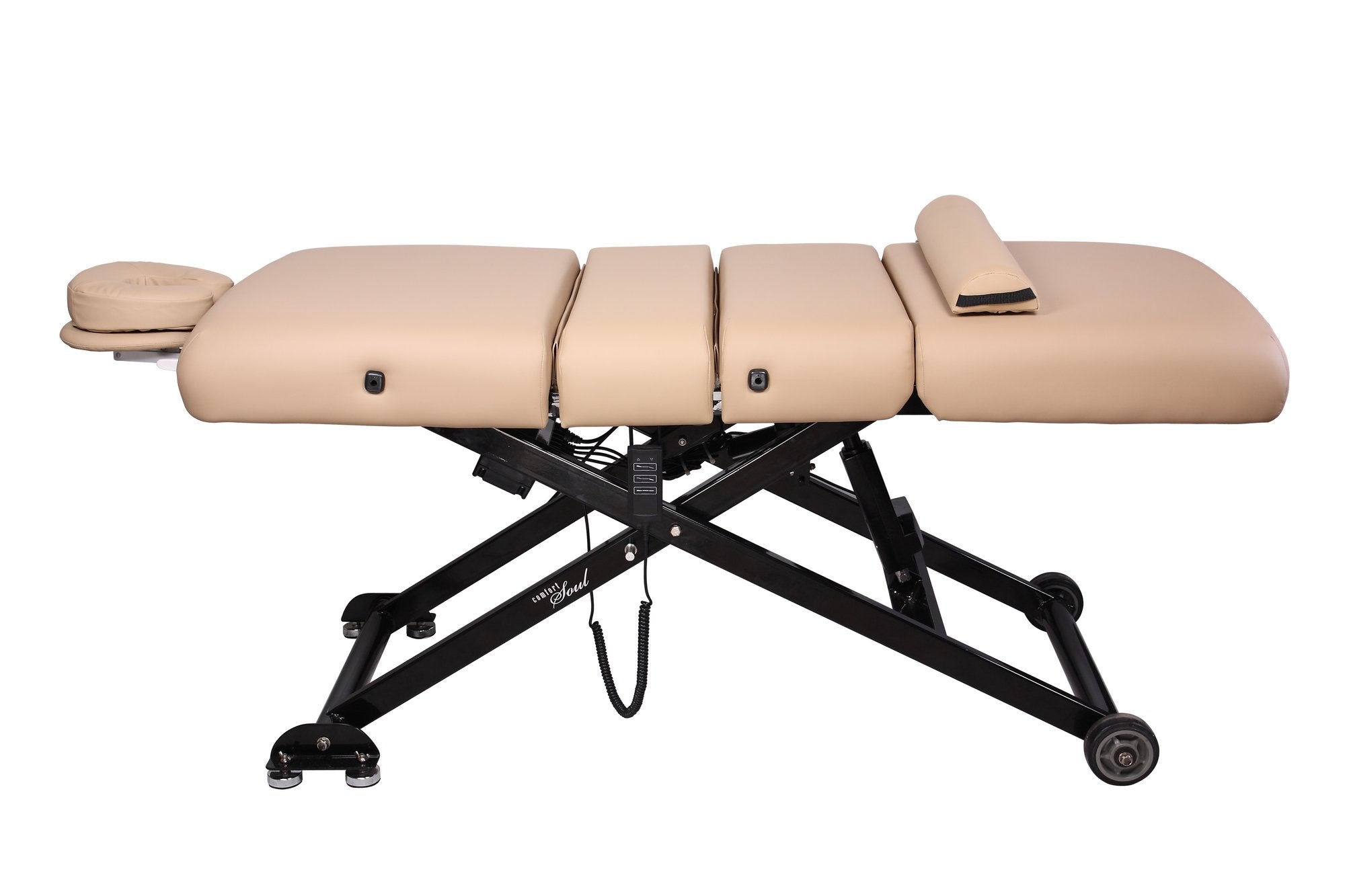 Comfort Soul SIENNA ELITE beige electric lift table with black base, lumbar support, side view.