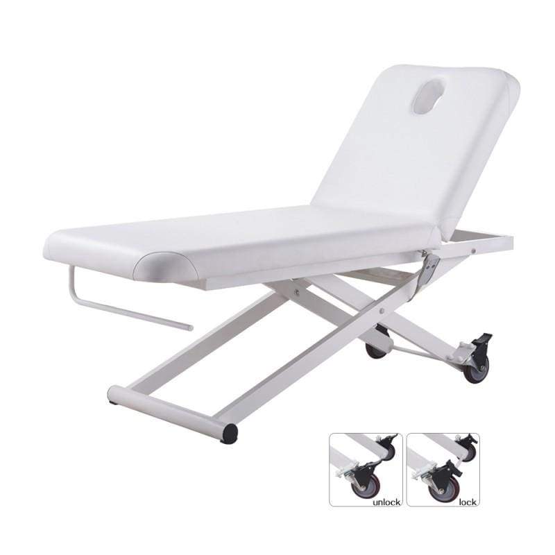 Ebro Electric Facial Bed/Massage Table by DIR with wheels; inset shows wheel lock/unlock mechanism.