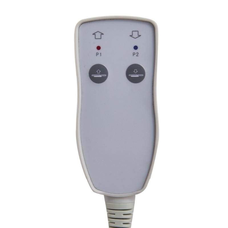 Gray, two-button remote with P1/P2 lights for DIR Ebro Electric Facial Bed / Massage Table.