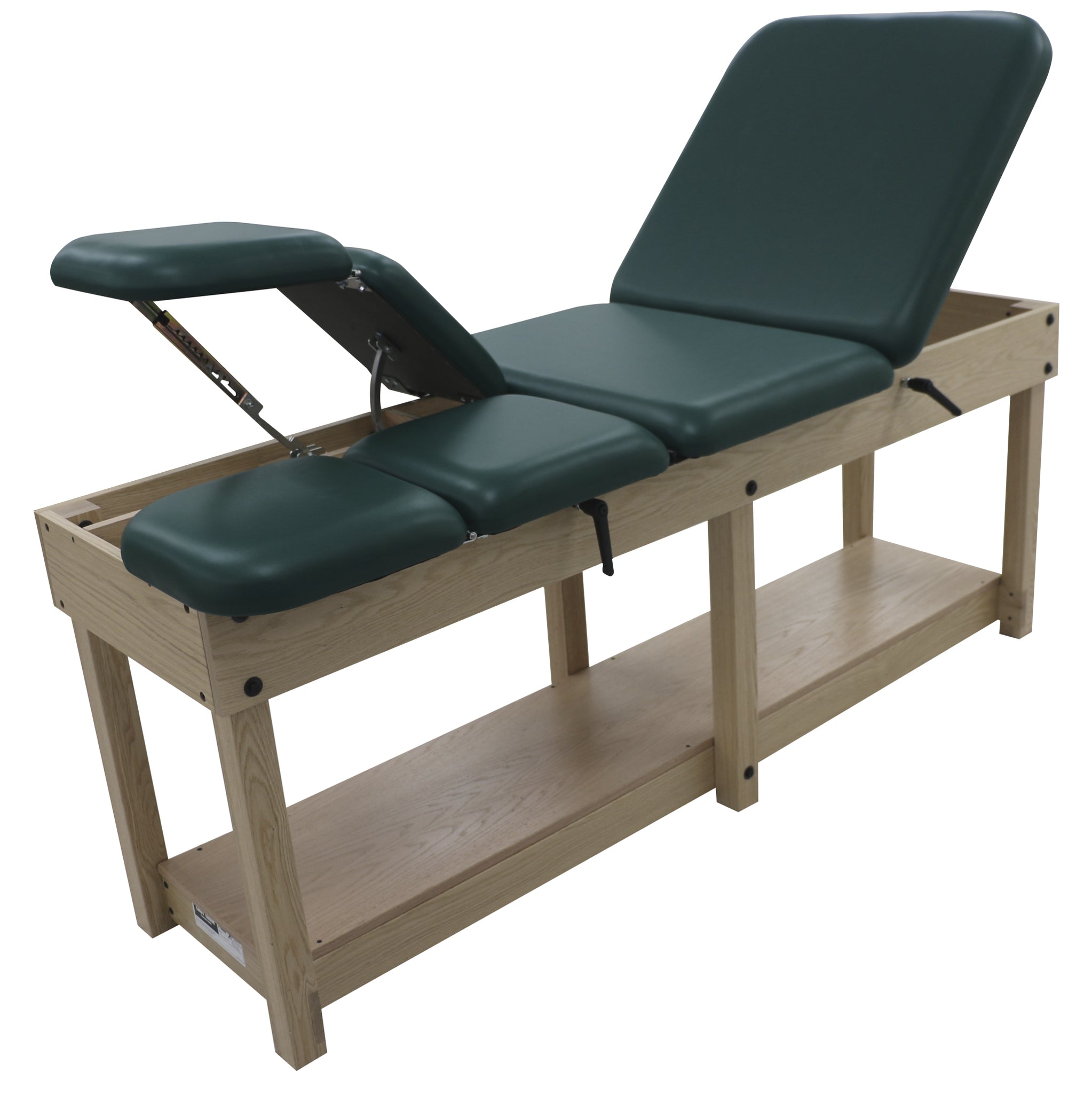 PHS Chiropractic HIP & KNEE Flexion Table with adjustable backrest, armrest, and shelf.