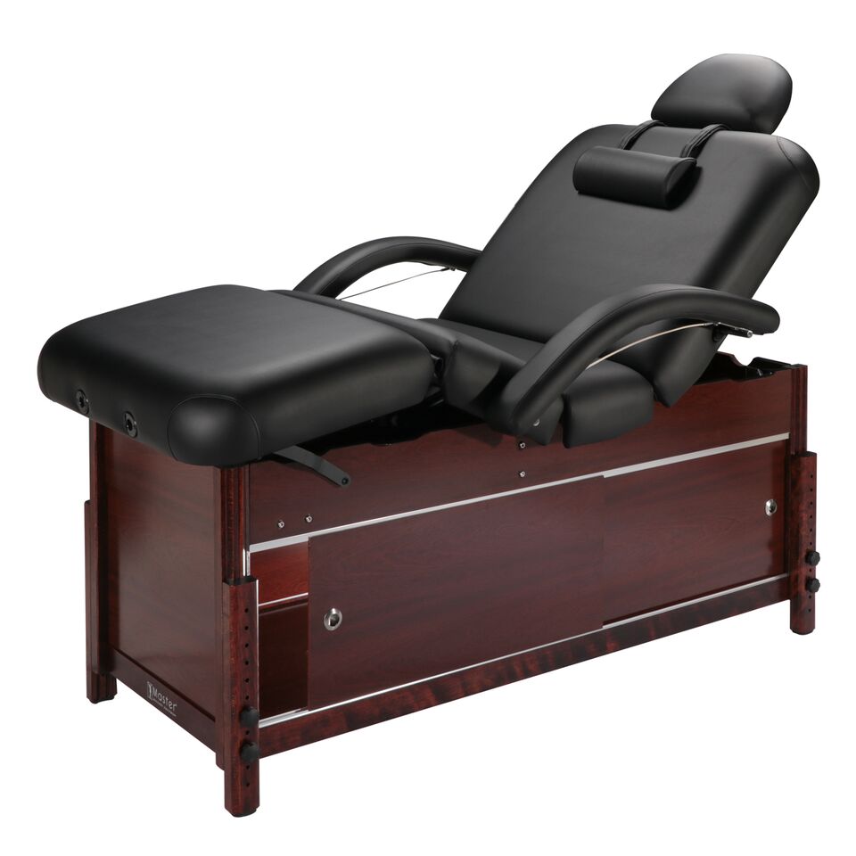 Master Massage CABRILLO stationary massage table with wooden base, armrests, and headrest.