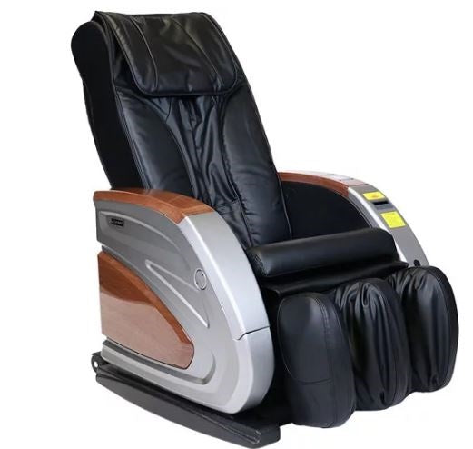 Infinity IT-6900 Vending Massage Chair by Infinity in black/silver with padded seat and wood accents.