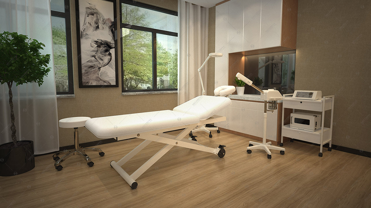 Modern medical room with a Silverfox America 2210A Electric Massage Table and large window.