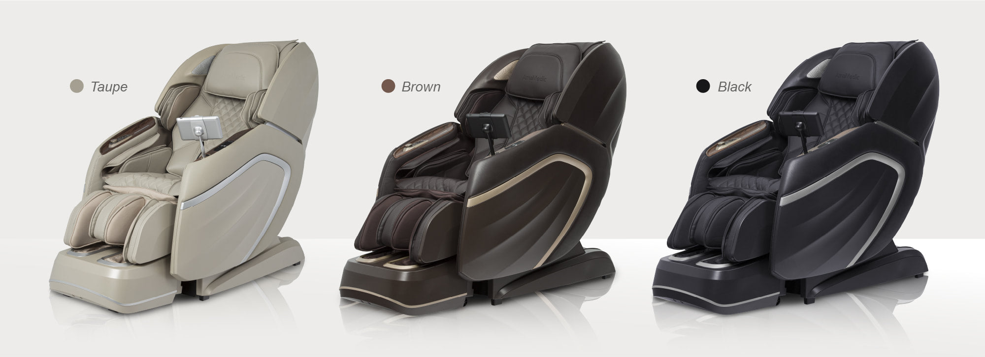 Three Osaki Amamedic Hilux 4D Electric Massage Chairs in taupe, brown, and black side by side.
