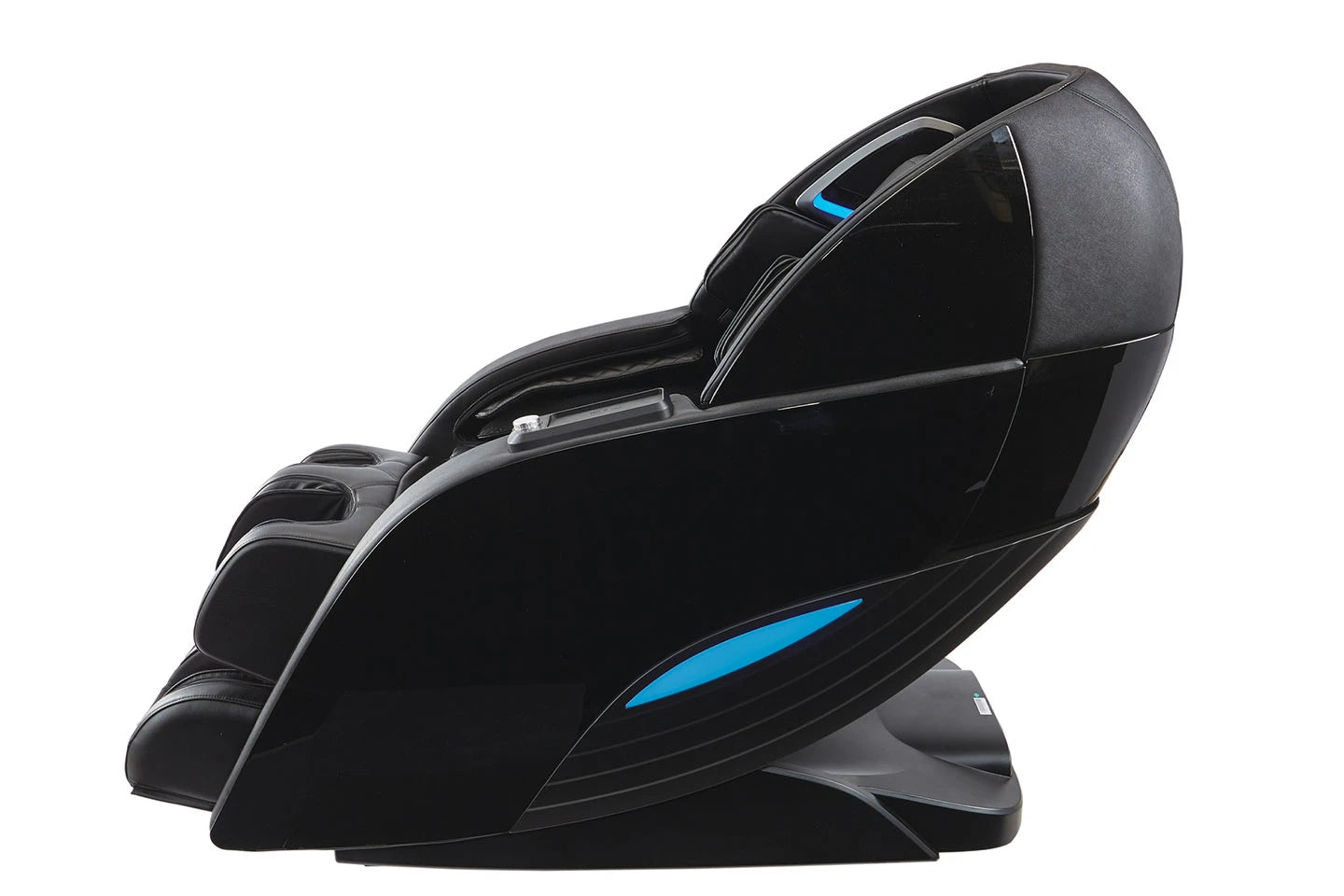 Kyota Yutaka™ M898 4D chair, black with blue, calf & foot massage, side profile view.