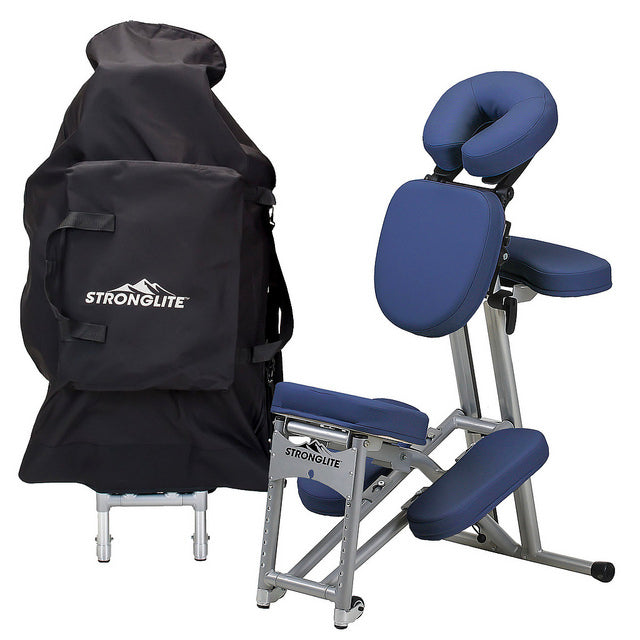 Stronglite ERGO PRO II massage chair, ergonomic frame, blue padding, includes carrying case.