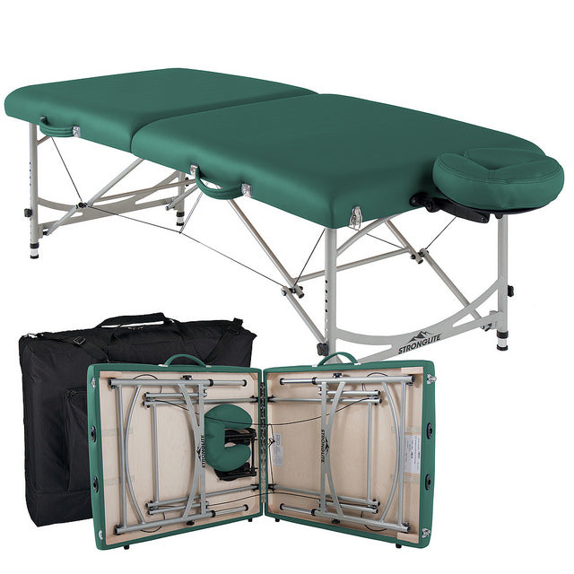 Stronglite VERSALITE Pro portable massage table with aluminum legs and carrying case shown open/folded.