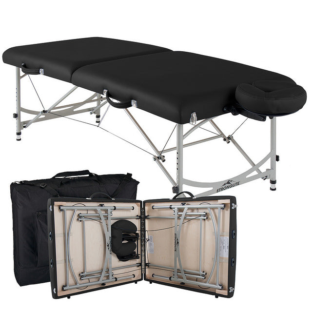 Stronglite VERSALITE Pro massage table, black, aluminum frame, shown open, folded & with case.