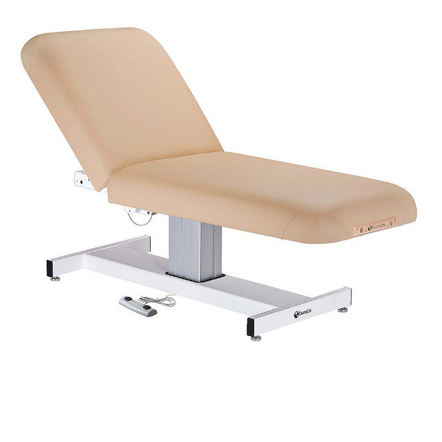 EarthLite EVEREST TILT Lift Massage Table with remote and metal base for spa treatments.