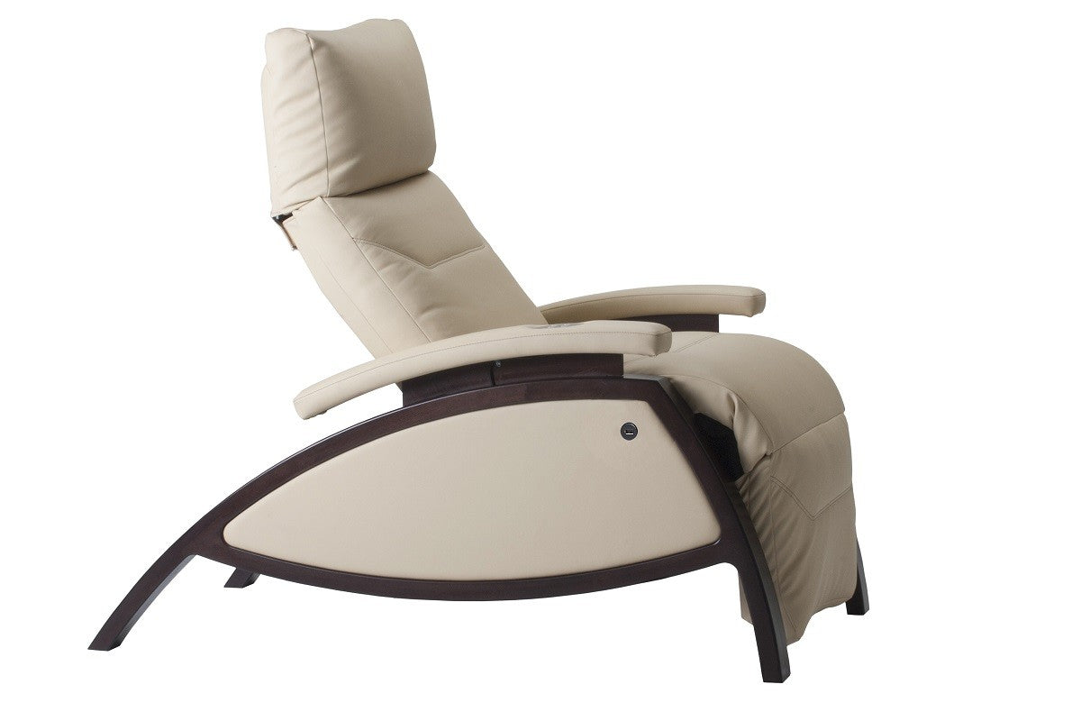 Living Earth Crafts ZG DREAM Lounger, beige with padded seat and wood frame, shown reclined.