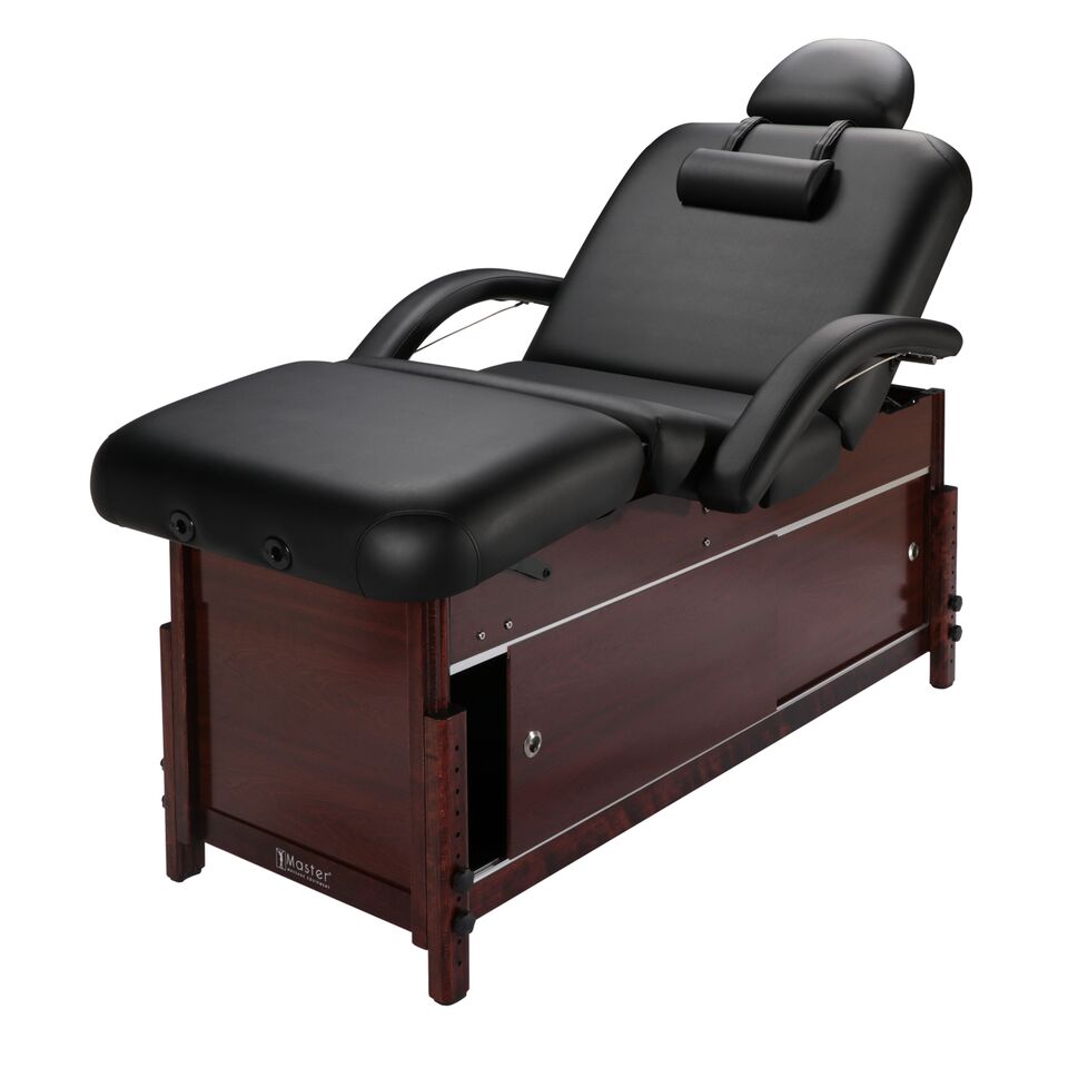 Master Massage CABRILLO stationary table with wood base and vinyl, ideal for spa treatments.