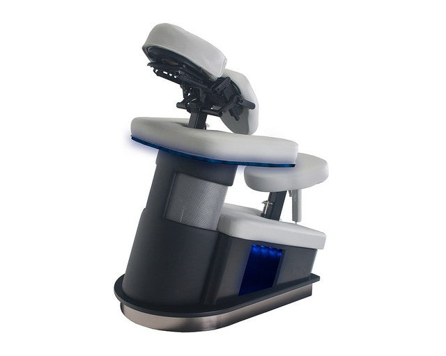 Living Earth Crafts FUSION™ Lite Chair with adjustable seat, armrests, and blue chromatherapy.