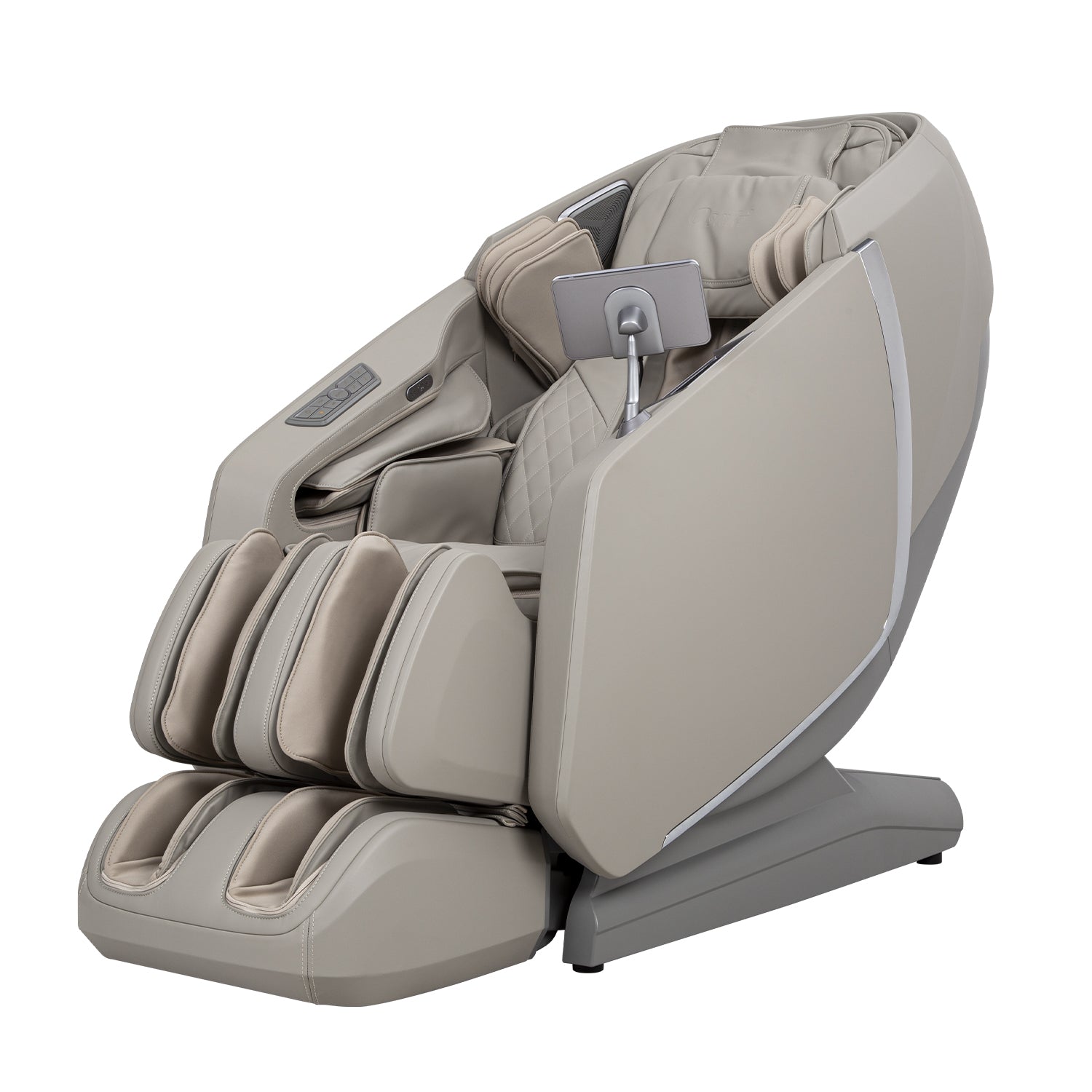 Osaki OS-Highpointe 4D massage chair in beige/gray with footrest, control panel, and deep tissue.