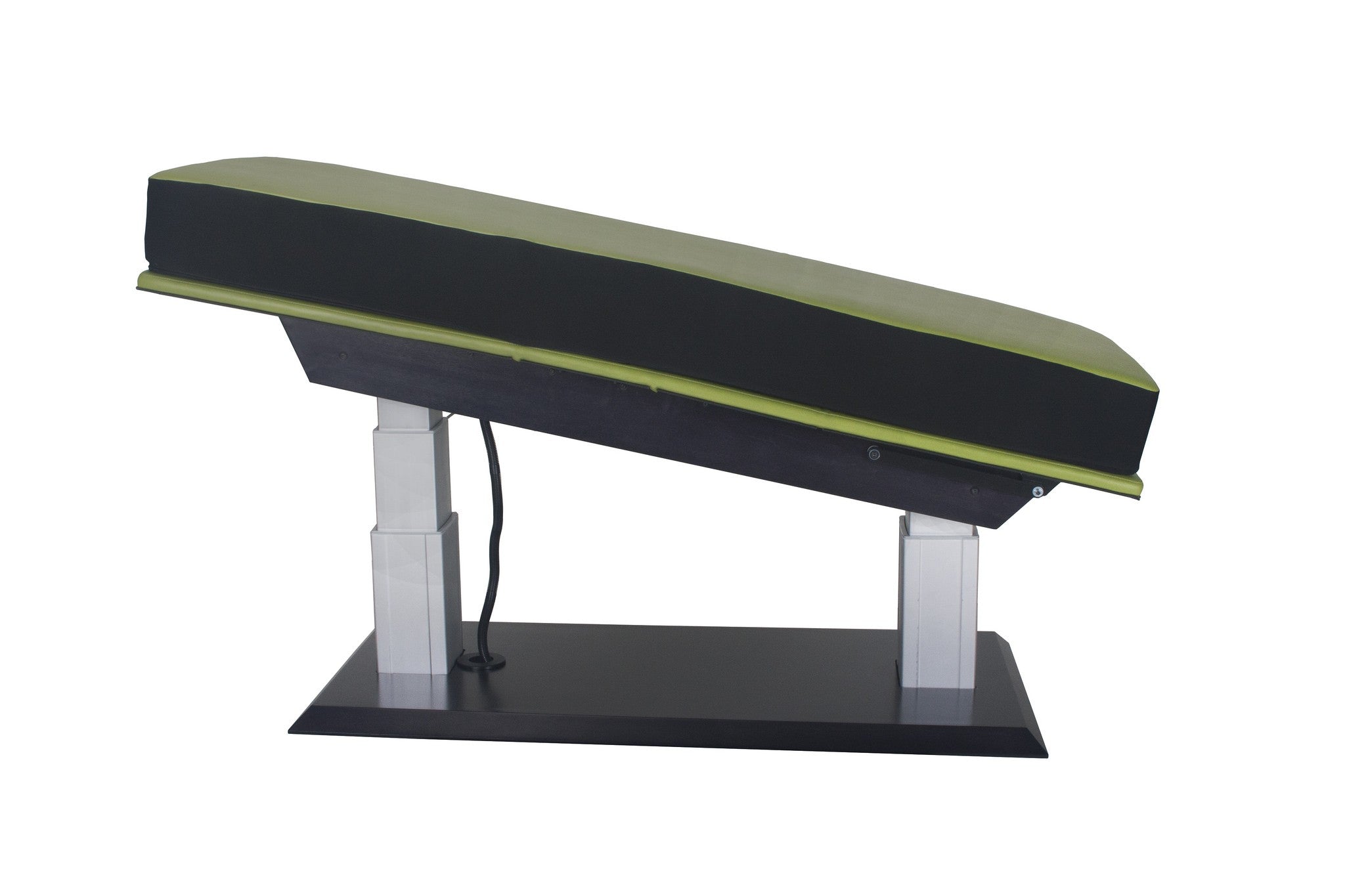 Living Earth Crafts ASPEN GT electric lift table angled on a black and silver base.