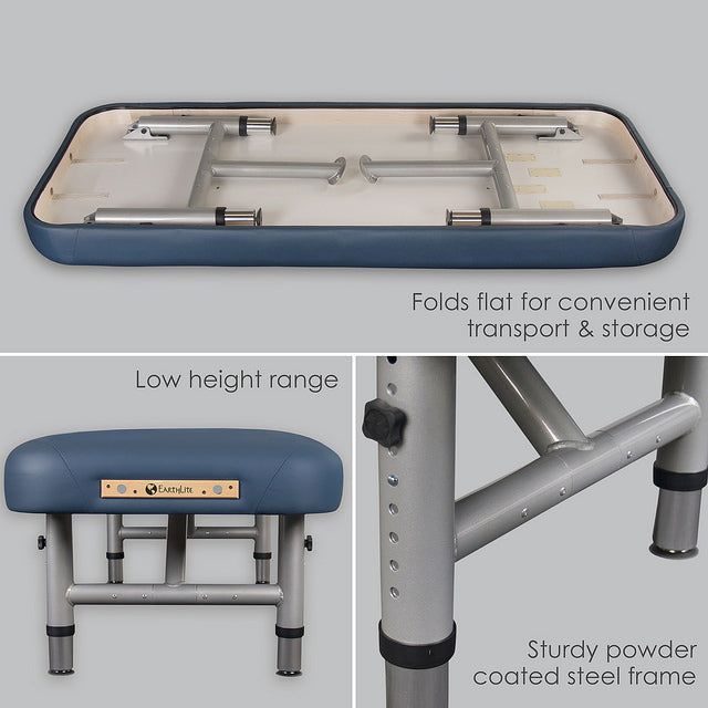 Collage featuring the Earthlite YOSEMITE™ 30 Massage Table with blue upholstery and metal legs.