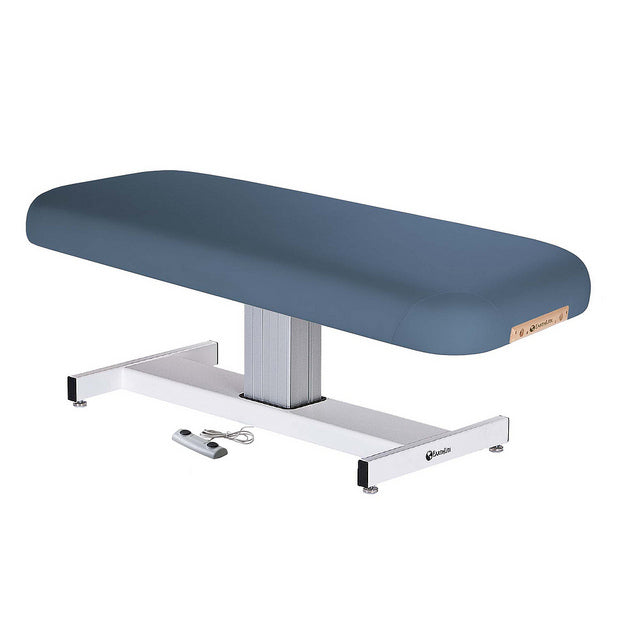 EarthLite EVEREST Flat Electric Lift Massage Table with metal base and wired remote control.