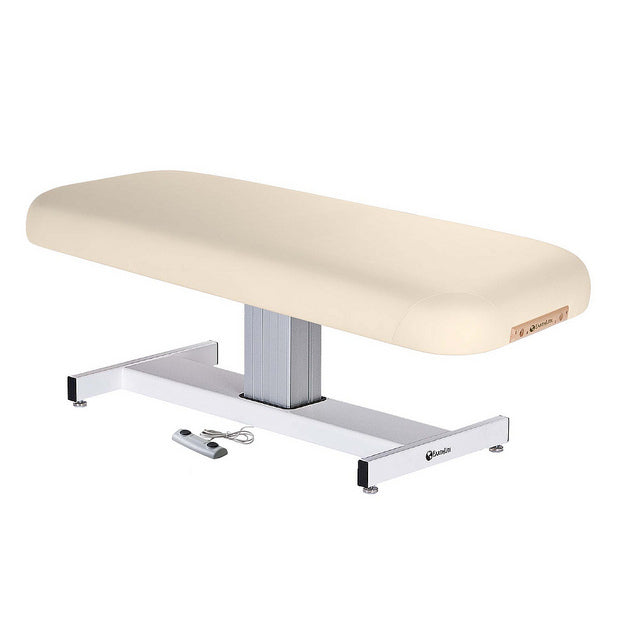 The EarthLite EVEREST Flat Electric Lift Massage Table features a cushioned beige top and metal base.