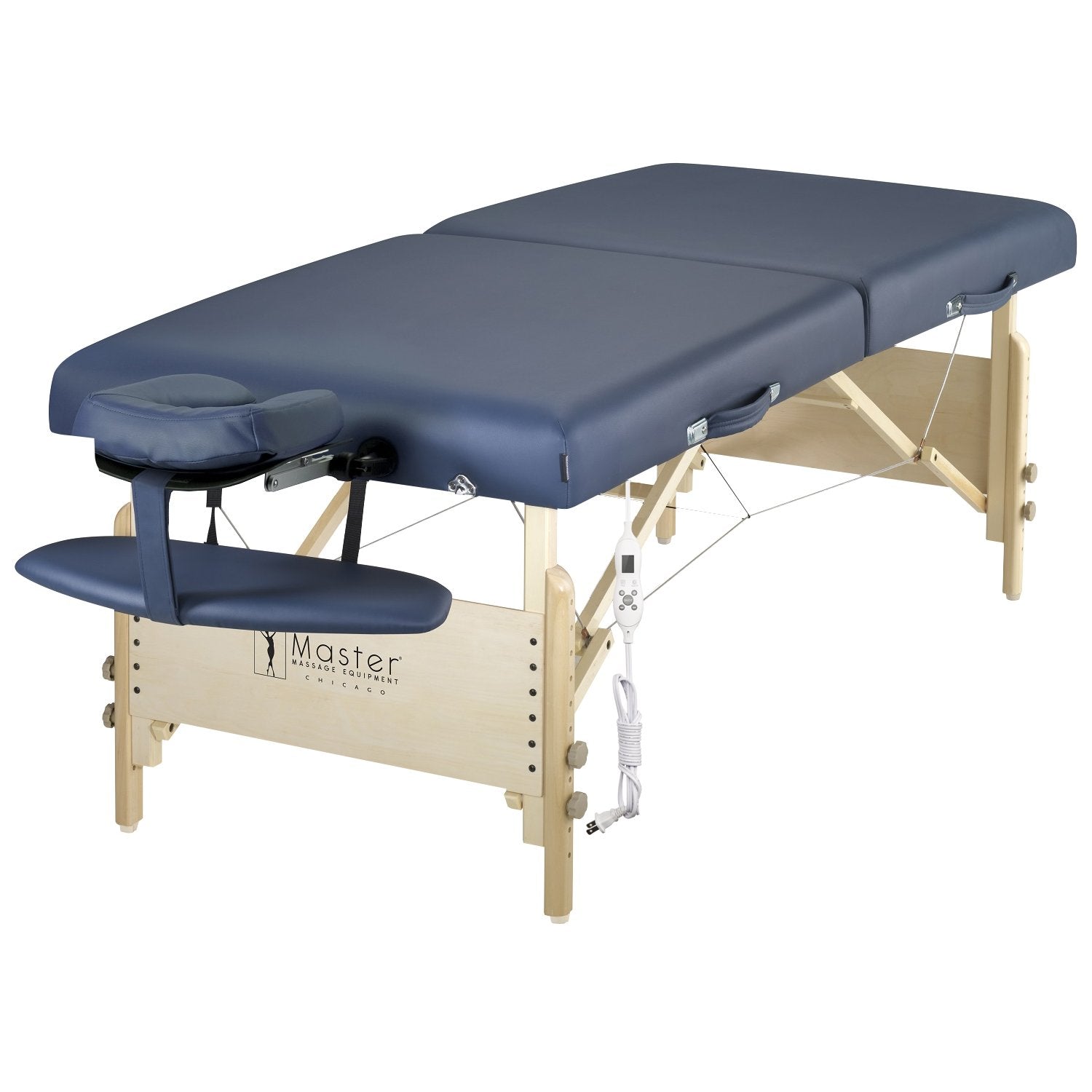 Master Massage CORONADO Therma-Top: Blue portable massage table with wood legs & face cradle.