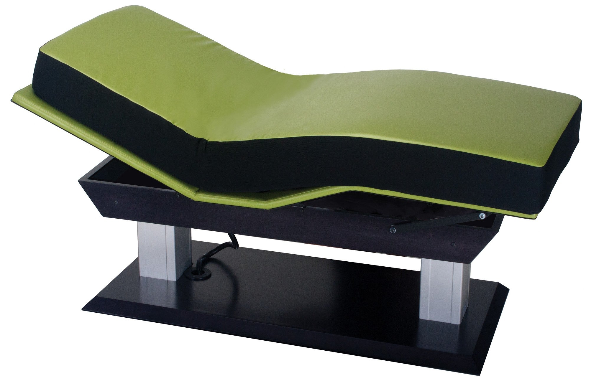 Living Earth Crafts ASPEN GT electric lift table reclines on black base for therapy use.