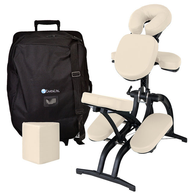 EarthLite AVILA II portable massage chair pkg: cream cushions, black frame, bag, headrest.