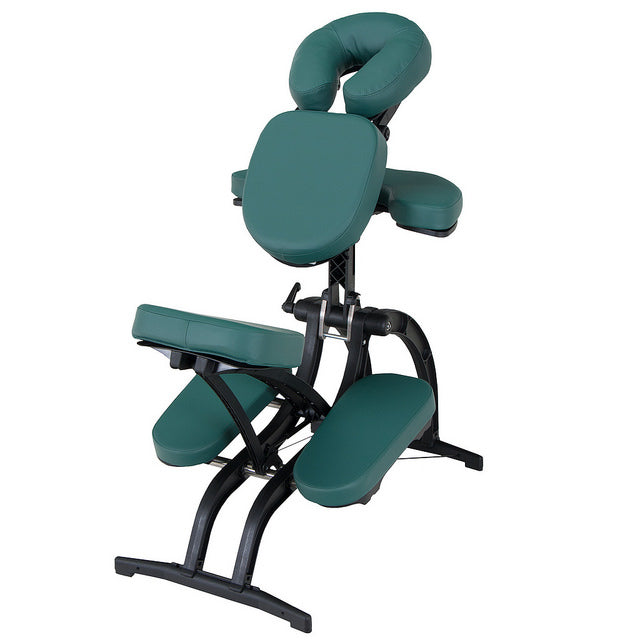 EarthLite AVILA II green and black massage chair with ergonomic design and adjustable supports.