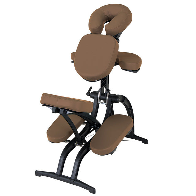 EarthLite AVILA II portable massage chair with ergonomic, adjustable cushions and black frame.