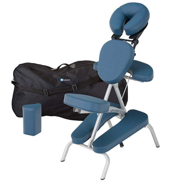 EarthLite VORTEX portable massage chair: blue padding, headrest, armrest, carry bag, block.