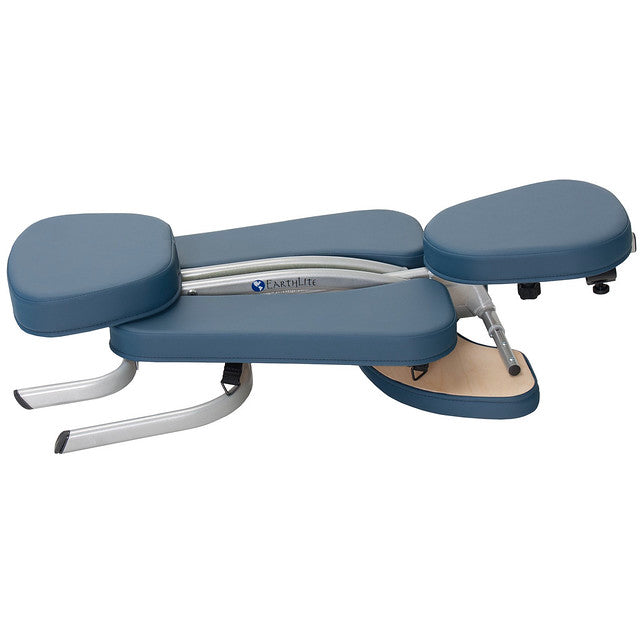 EarthLite VORTEX Portable Massage Chair Package with blue headrest and armrest attachment.