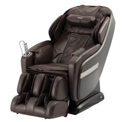 Titan OS-Pro SUMMIT brown leather massage chair with L-Track, controls, and padded leg rests.