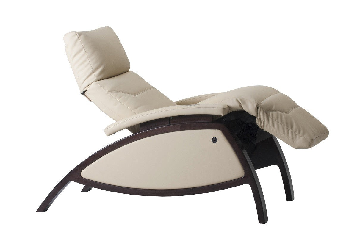 Living Earth Crafts ZG DREAM Lounger, beige leather with wood frame, shown fully reclined.