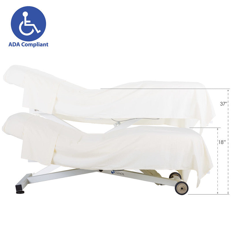 Two EarthLite Ellora Tilt ADA massage tables with white sheets, designed for accessibility.