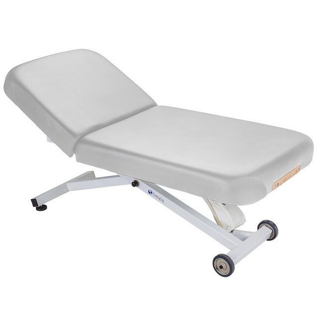EarthLite ELLORA TILT Mobile Massage Table: padded, wheeled, ADA compliant for accessibility.