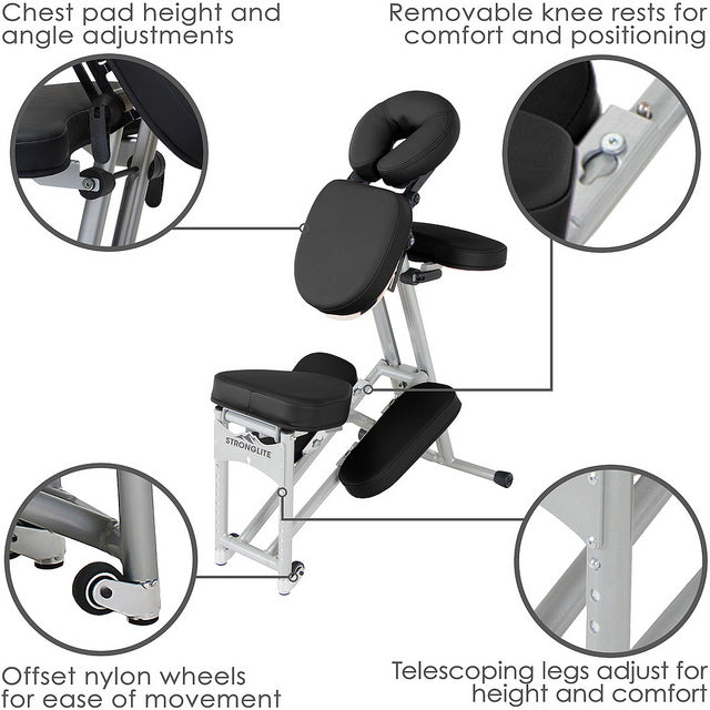 Stronglite ERGO PRO II massage chair with labeled comfort, position, and mobility features.