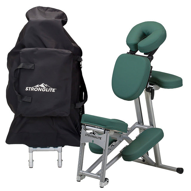 Stronglite ERGO PRO II portable green massage chair with metal frame and carrying case.