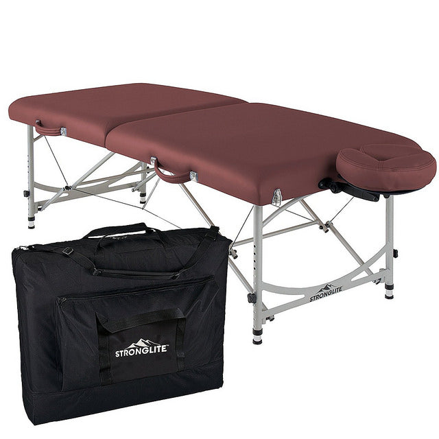 Stronglite VERSALITE Pro massage table: burgundy padding, aluminum legs, black carry case.
