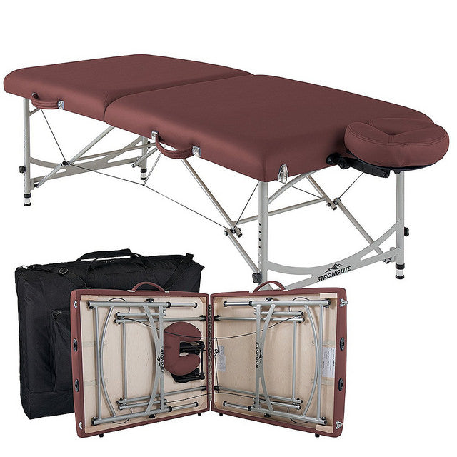 Stronglite VERSALITE Pro portable massage table with burgundy padding and carry case shown.