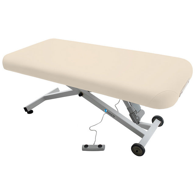 Beige EarthLite ELLORA LIFT massage table with adjustable height and foot pedal control.