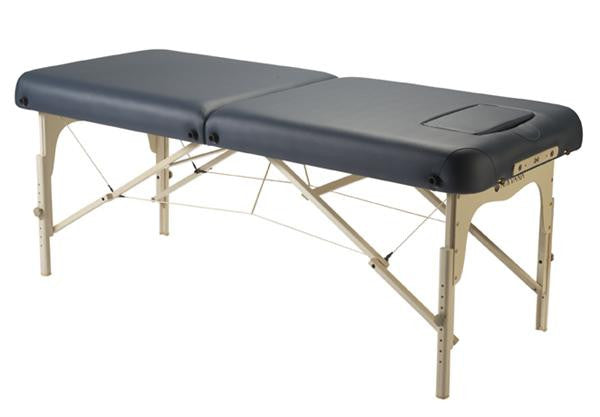 Nirvana 2n1 Portable Massage Table, black, with breast recess, face hole, beige foldable legs.