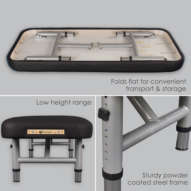 EarthLite YOSEMITE™ 30 foldable massage table with steel frame shown flat, low, and close-up.