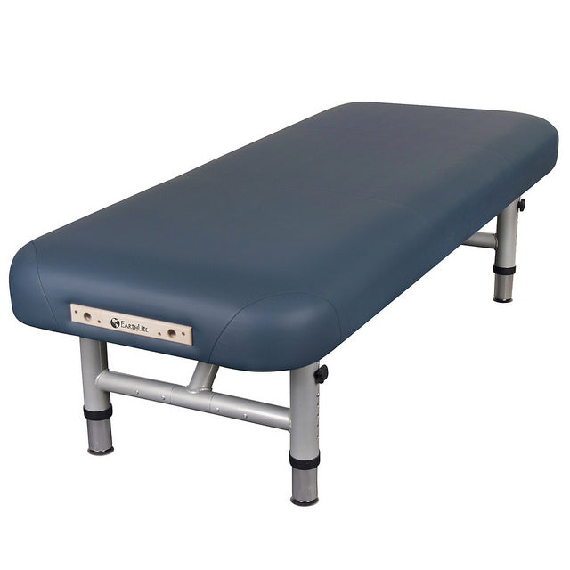 EarthLite YOSEMITE™ 30 blue padded massage table with metal legs on white background.