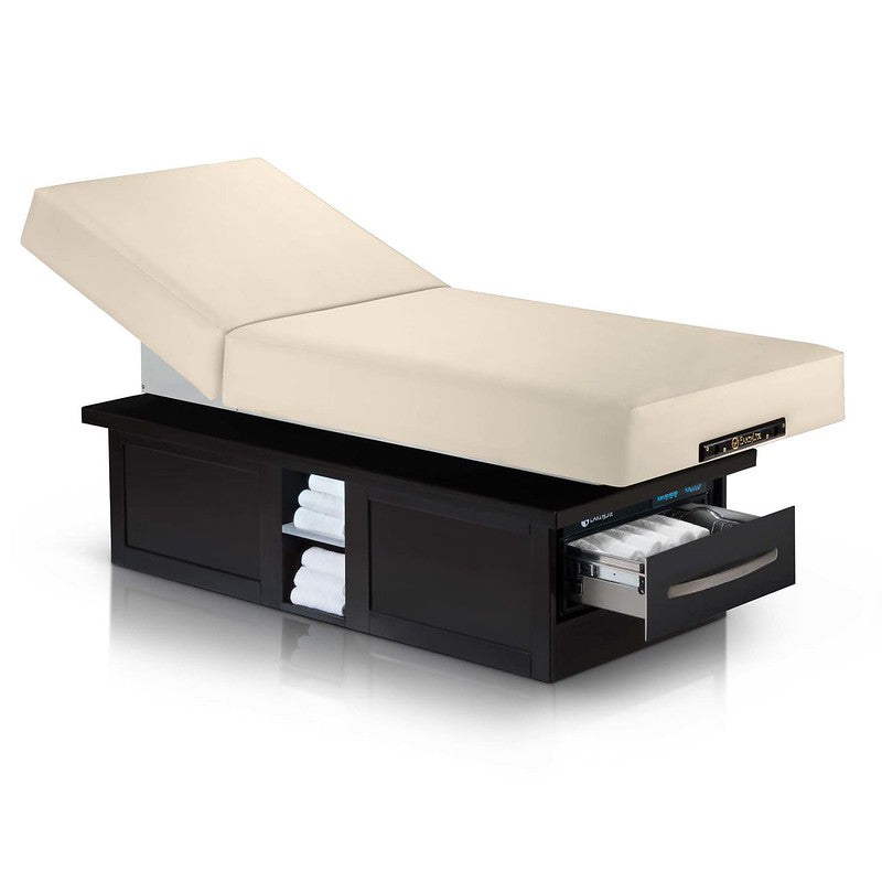 Earthlite EVEREST ECLIPSE TILT Massage Table with storage drawers and shelves for essentials.