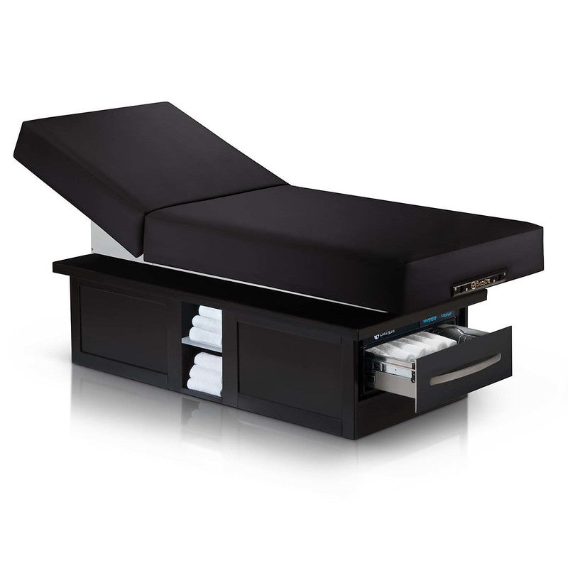 EarthLite Everest Eclipse Tilt massage table with open shelves and a towel drawer.