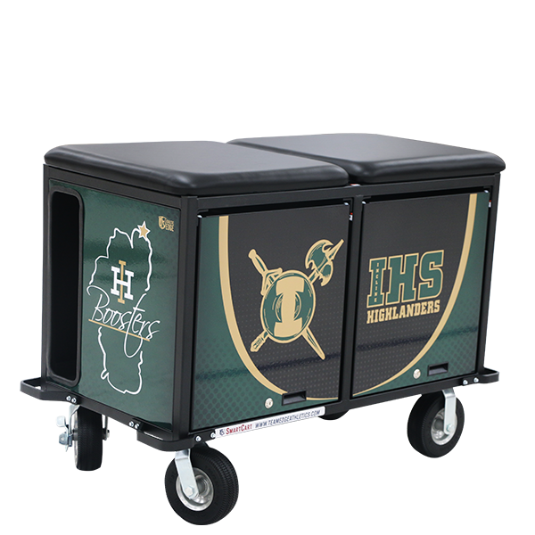 PHS Medical 4' SmartCart: green/black steel cart with cushioned lids, logos, and custom graphics.