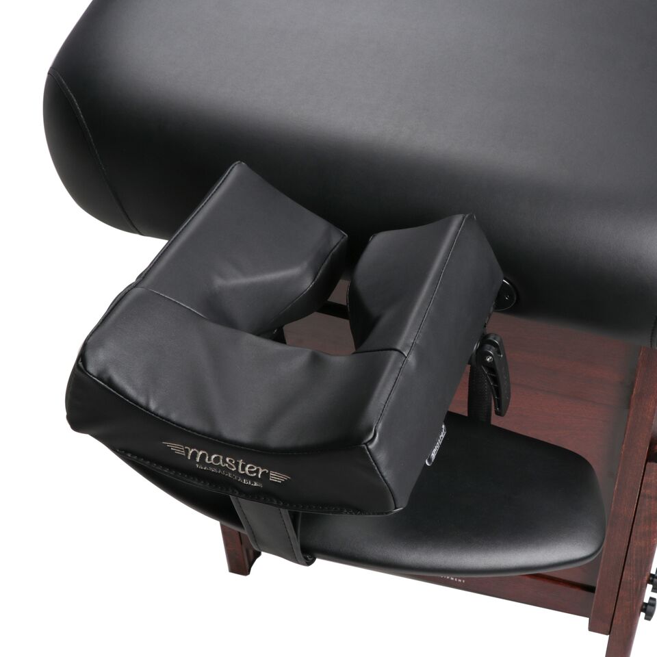 Close-up of Master Massage CABRILLO black table with adjustable face cradle and headrest.
