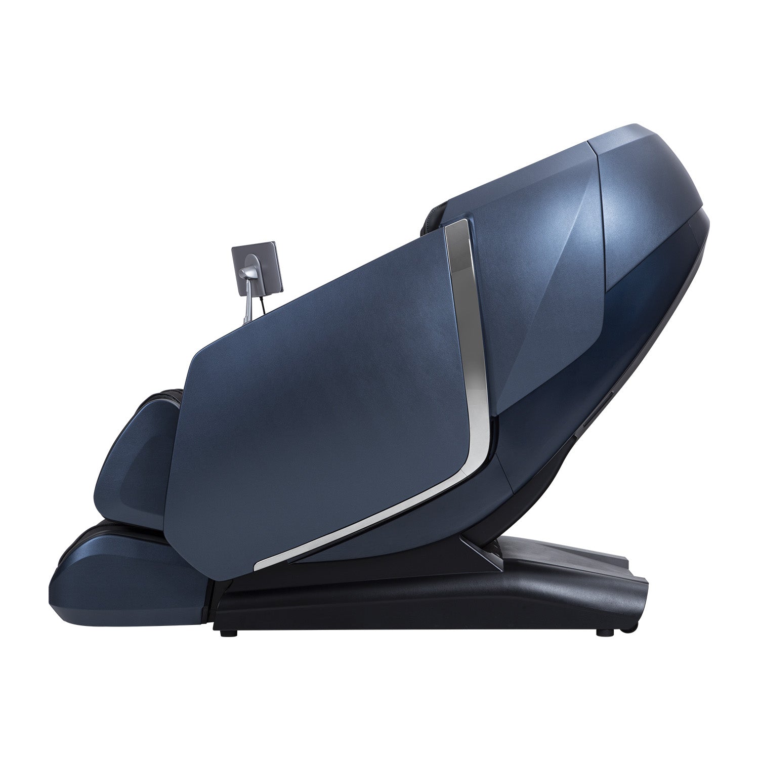 Side view of Osaki OS-Highpointe 4D massage chair, dark blue, deep tissue, on white background.