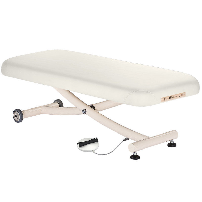 EarthLite ELLORA VISTA Lift Table in beige with foot pedal, wheels, and electric lift.